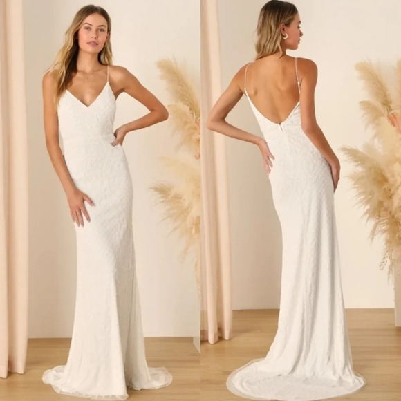 Lulu's Bridal Cherished Vow White Beaded Backless Mermaid Maxi Dress Bride Party - Picture 1 of 12